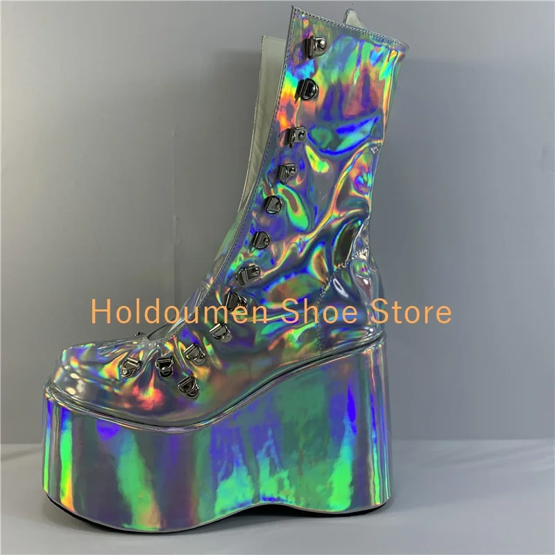 

Women's Fashion Multicolor Extra High Platform Round Toe Casual Boots Lace Up Side Zip Flat Single Shoes Party Sexy Dress Shoes