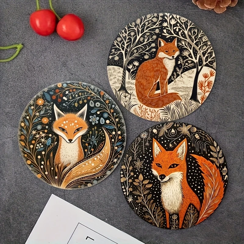 8pcs 2D Bohemian Style Vintage 4in Wooden Coasters Colorful Fox Pattern Coffee Tea Cups Home Decor Christmas New Year Party Gift