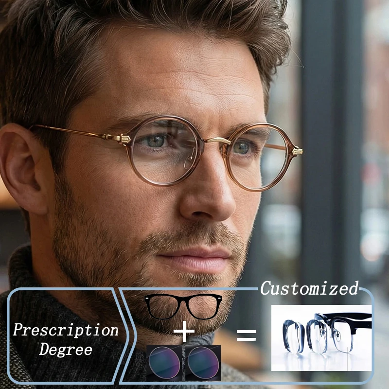 

New Brand Men Acetate Titanium Round Frame Photochromic Prescription Glasses Anti Blue Light Myopia Astigmatism Reading Eyewear