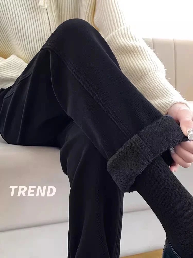 

Женские джинсы с высокой талией и широкими штанинами на флисовой подкладке, осенне-зимние, свободного кроя, термо-утепленные, прямые, повседневные, черные брюки