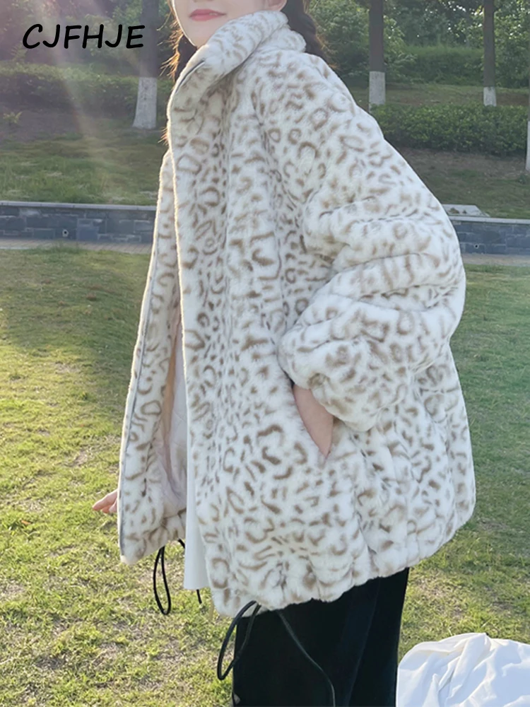 CJFHJE Autumn Winter Leopard Print Fur Coat Female Young Korean Fashion Casual Version Rabbit Fur Lamb Plush Women Short Coat