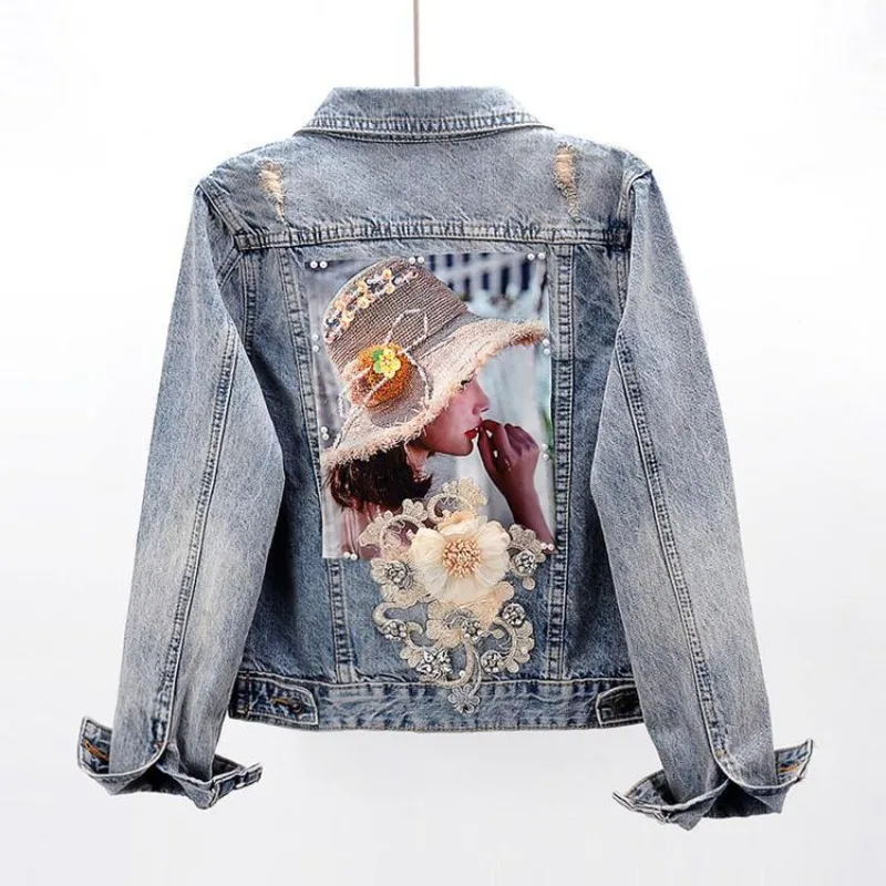 

Spring Autumn Women's Denim Jacket New Diamond Flower Long Sleeve Jeans Jackets Girl Short Outwear Vintage Cowboy Tops Female