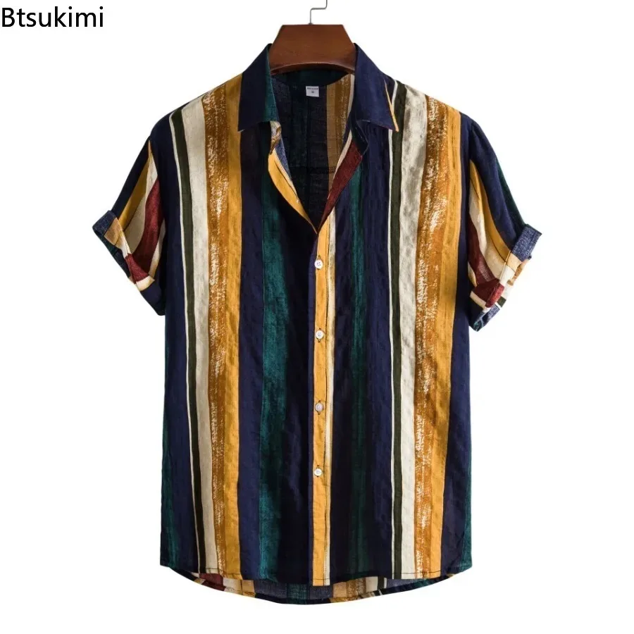 

Korean Style Short Sleeve Shirts Men's Fashion Striped Hawaiian Holiday Casual Blouse Comfort Loose Contrast Color Shirt for Men