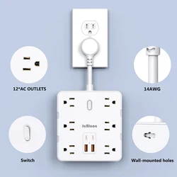 Flat Plug Power Strip with 12 Widely Outlets 4 USB Ports(2 USB C),Desktop Charging Station,Dorm Room Travel Essentials,1875W/15A