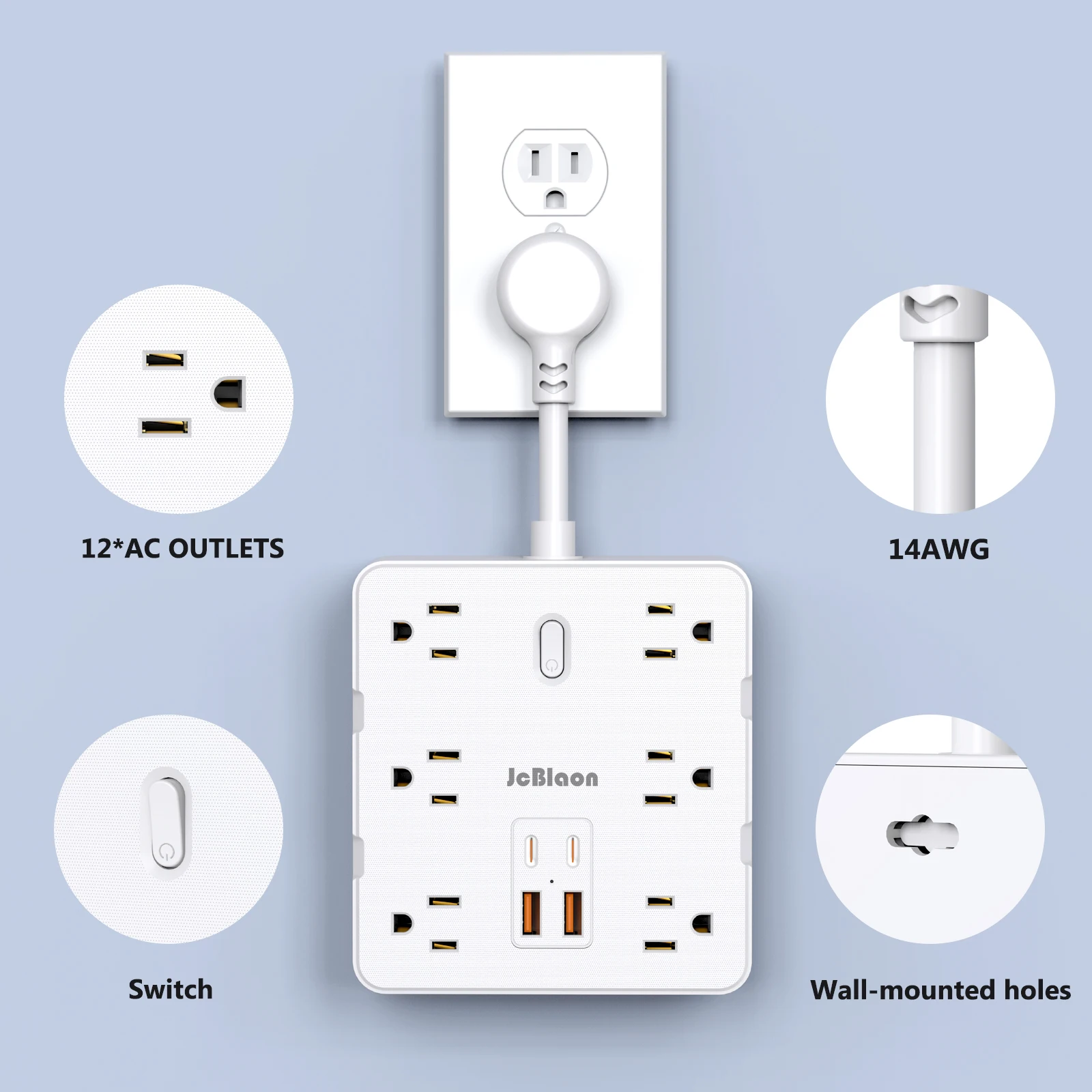 Flat Plug Power Strip with 12 Widely Outlets 4 USB Ports (2 USB-C), Desktop Charging Station, Dorm Room Travel Essentials, 1875W