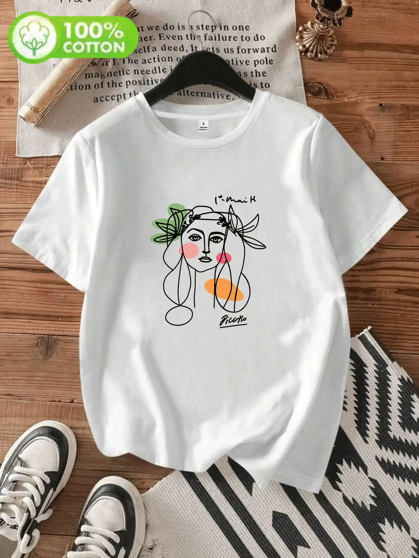 【WEN33976】 T-shirt in cotone da donna girocollo con motivo cartoon T-shirt in cotone con stampa a maniche corte e mezza manica