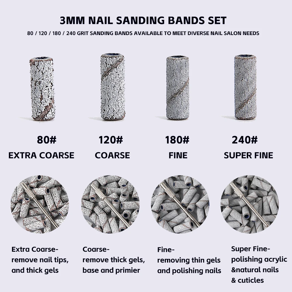 50/100 pièces 3mm petites bandes de ponçage des ongles ensemble pour forage des ongles fraisage manucure Salon-80/120/180/240 grain papier de verre accessoire