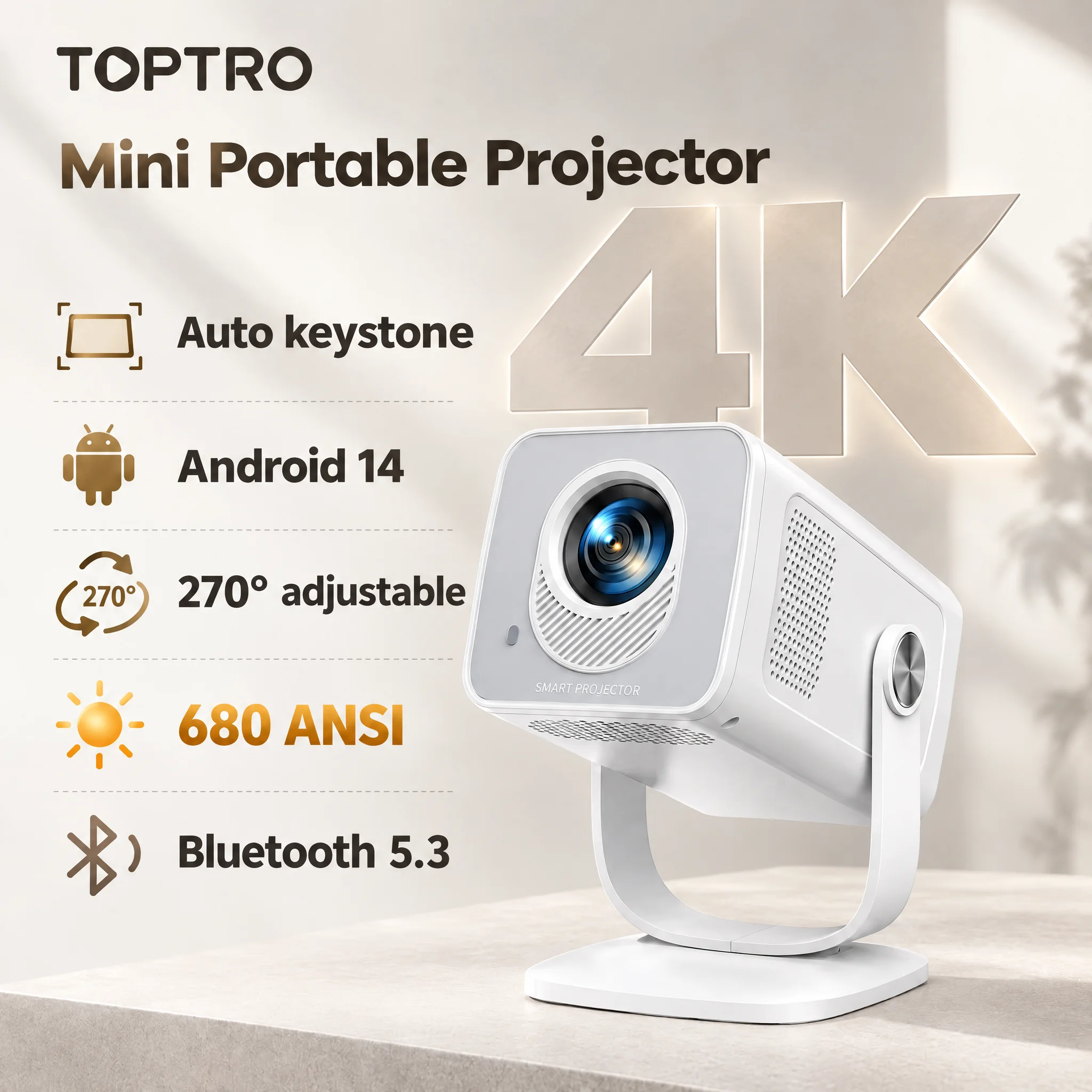 Toptro Portable Projector 4K Full HD 1080P WiFi6 Auto Focus & 270° Rotation Android 14 Mini Projector for Home Theater Outdoor