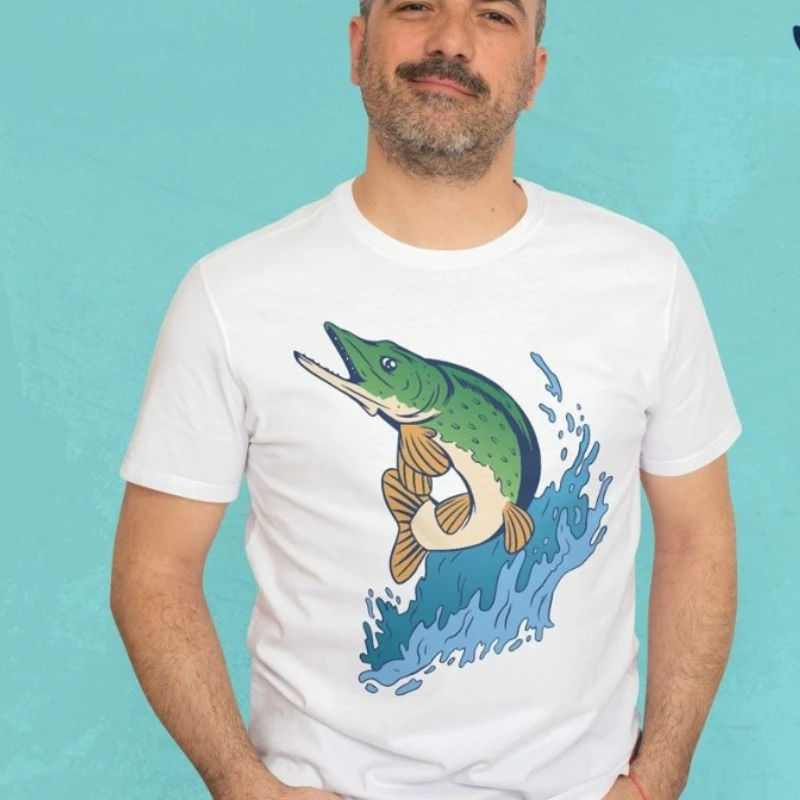 Mens Tshirt Short Jumping Muskie Northern Pike Silhouette Printed Crewneck Apparel Splashing Blue Water Waves for Daily Outwear