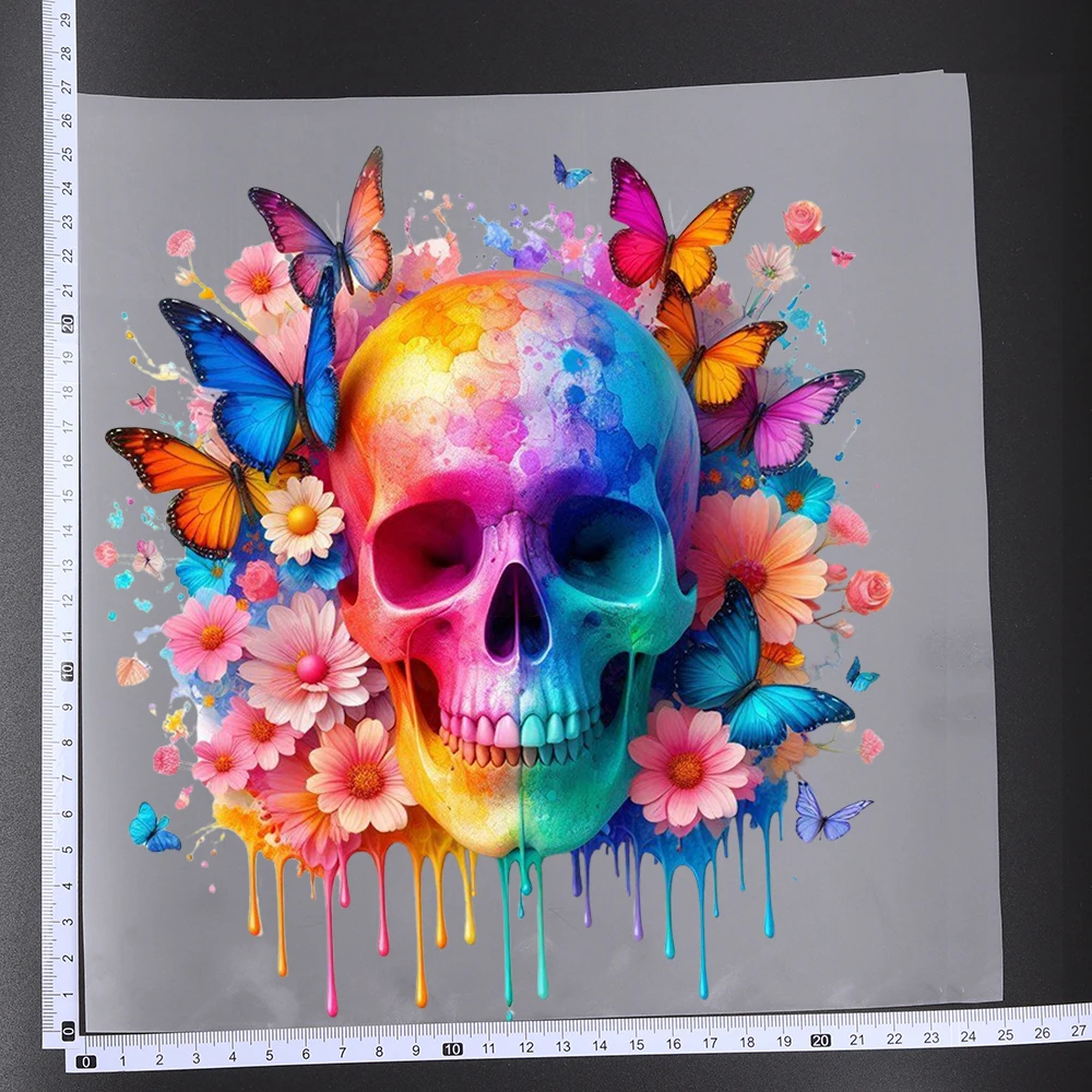 25CM Colorful Flower Skull Butterfly Transfer Patches For Clothes Sticker DIY A-Level Washable Shirt Iron-on Thermal Stickers