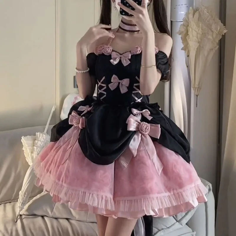 Lolita Pink Rose Black Powder Princess Style Corset Fishbone Net Yarn Short Skirt Women Summer Patchwork Halter Lacing Dress