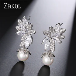 ZAKOL Luxury AAA Cubic Zirconia Pearl Drop Earrings Elegant Leaf Zircon Wedding Jewelry for Women