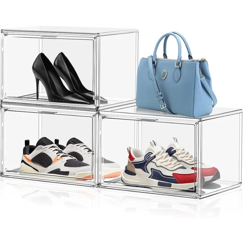 

3 Pack Clear Shoe Storage Boxes Stackable with Magnetic Door Purse Zapateras Organizer X-Large Acrylic Display Case Handbag Orga