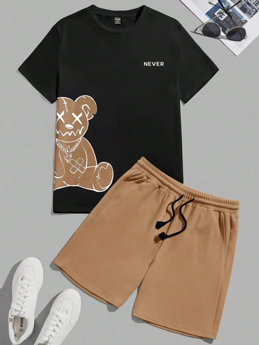 Men's set summer fashion 3D letter teddy bear printed T-shirt summer plus size casual sports set men's loose drawstring pocket s