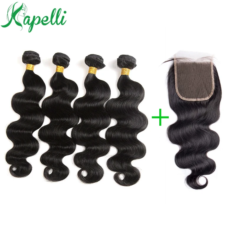 Tissage en Lot Brésilien Naturel Remy Body Wave avec Closure Extension de Cheveux, 4x4, 3/4