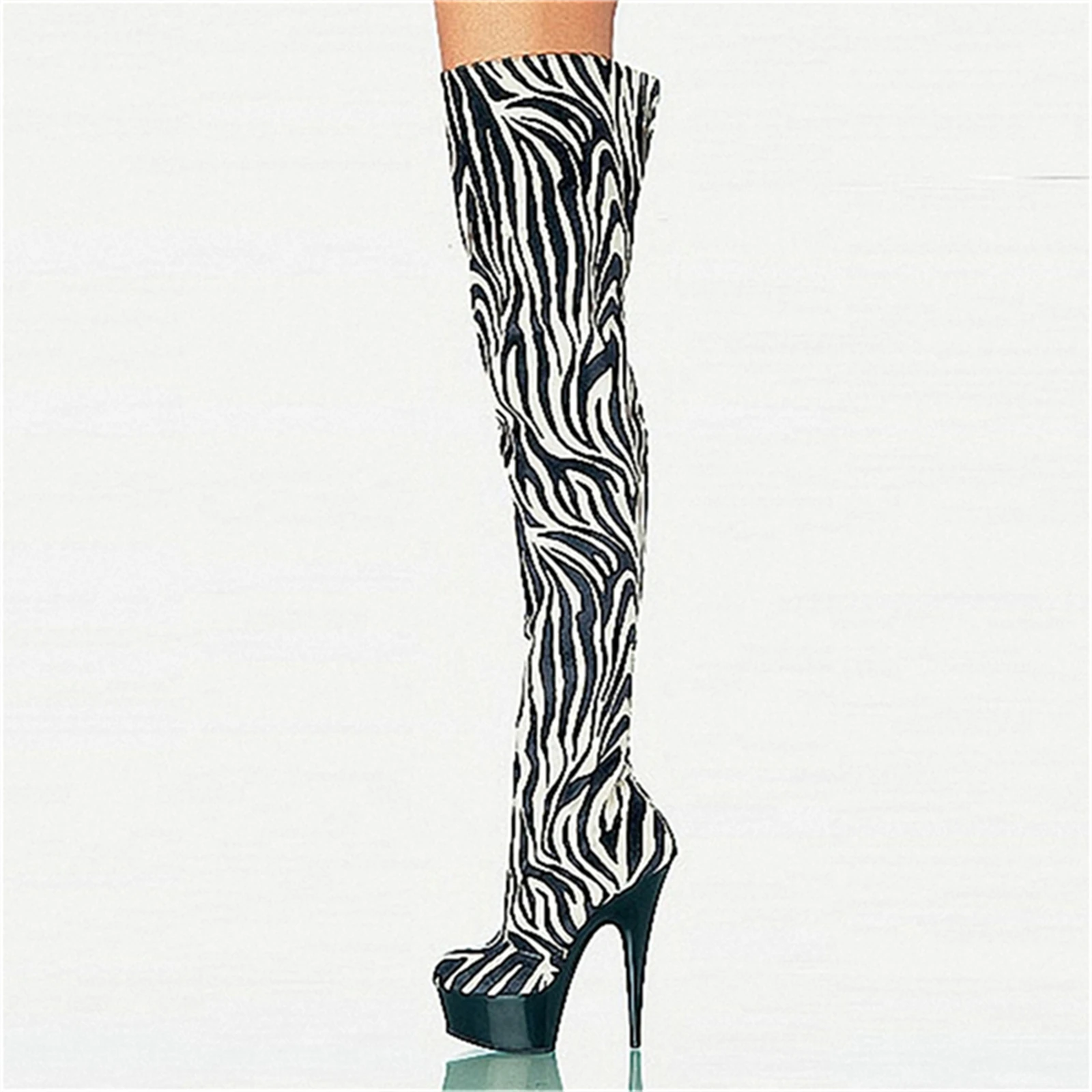 

2025 New 15 17 18 20CM High Heel Knee Boots Zebra Print Pointed Toe Stiletto Platform Boots Women Fashion Party Sexy Long Boots