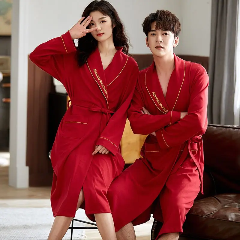 

Хлопковые кимоно-халаты больших размеров с длинным рукавом для пар: мужские и женские свободные халаты для сна и дома, весенняя домашняя одежда