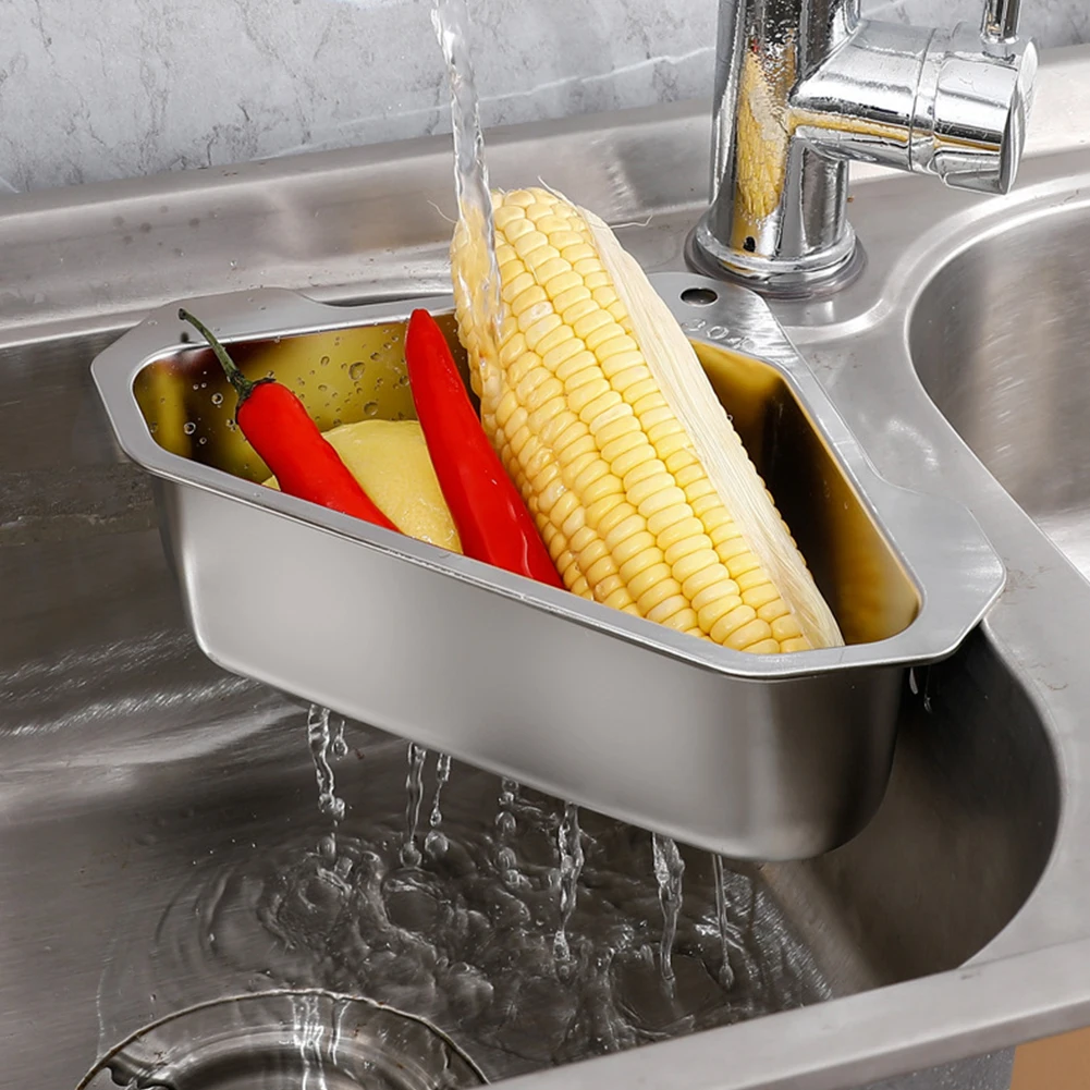 

Triangle Sink Drainer Basket Hangs on Faucet Stainless Steel Sink Strainer Basket with Suction Cup Kitchen Tool for Kitchen Sink