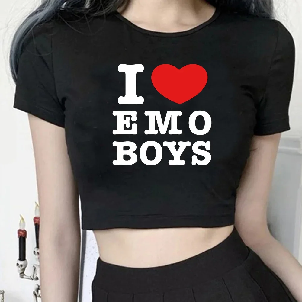 I Love Emo Boys T Shirt Cyber Y2k Trashy Korean Fashion Crop Top Woman Goth Kawaii Gothic Harajuku Tshirt