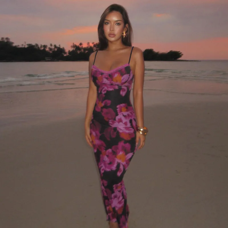 

Women'S Spring And Summer New Fashion Casual Backless Sexy U-Neck Printed Slim Fit Long Dress