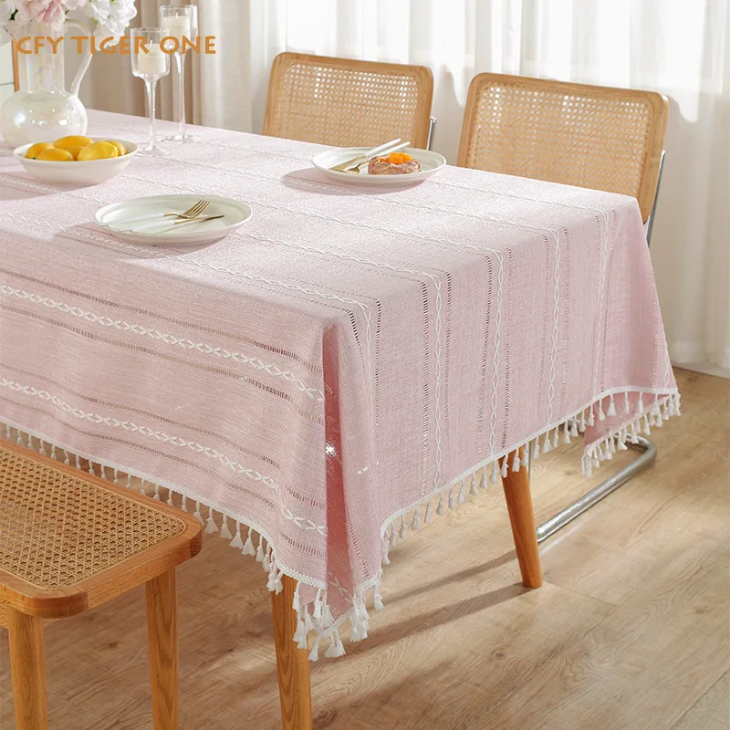 Nordic Embroidery Stripes Tablecloth Antifouling Rectangular Tablecloth Washable and Oil Resistant Coffee Table Mat Table Cover