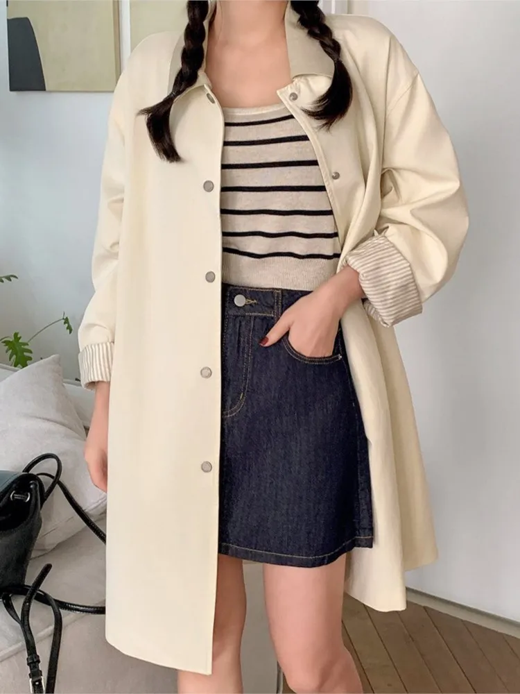 Autumn Winter Casual Solid Color Women Trench Coat Korean Style Fashion Single Breasted Side Slit Long Coat Ladies Elegant