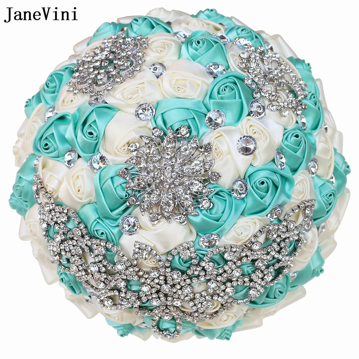 

JaneVini Tiffany Ivory Wedding Bouquets for Bride Luxury Sliver Rhinestone Artificial Satin Roses Bridal Holding Flowers Bouquet