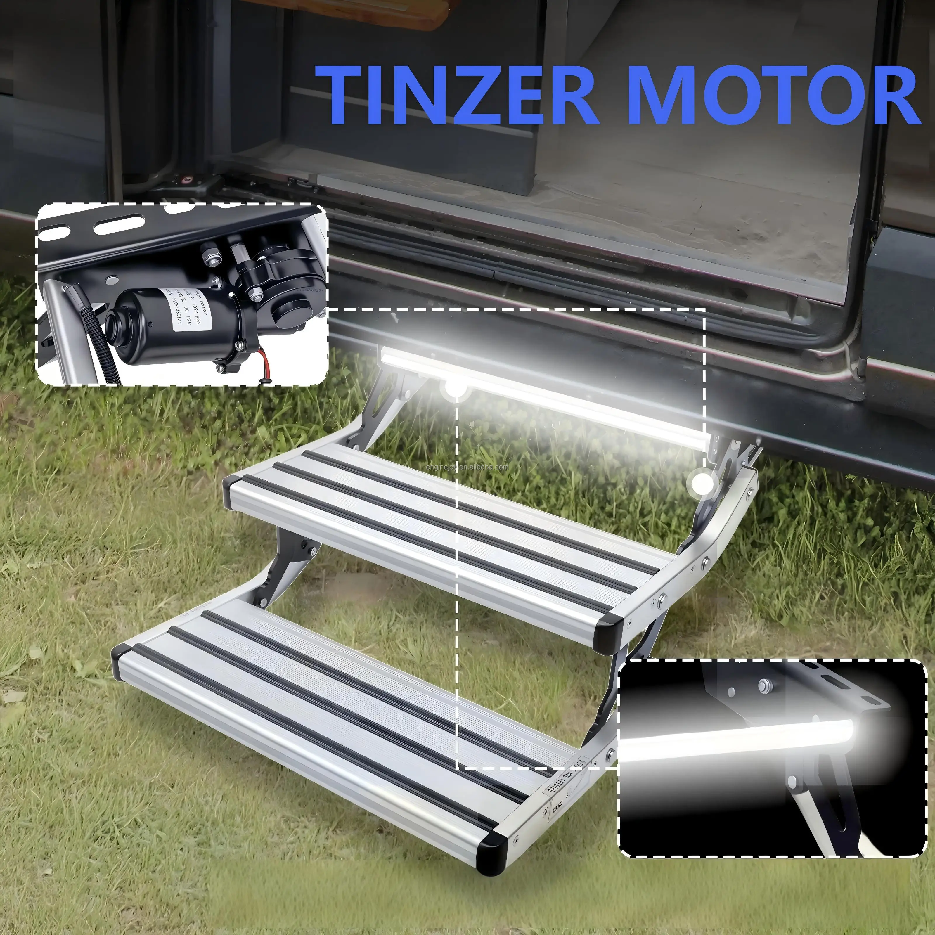 Tinzer RV Power Side Steps With 12V LED Light Single Double Folding Electrical Stair 400KG Capacity Camper Vans Step Motor