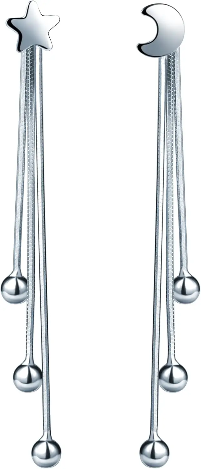 

Infinity U Long Earrings for Women 925 Sterling Silver Moon and Star Design with 3 Tassels Drop Earring