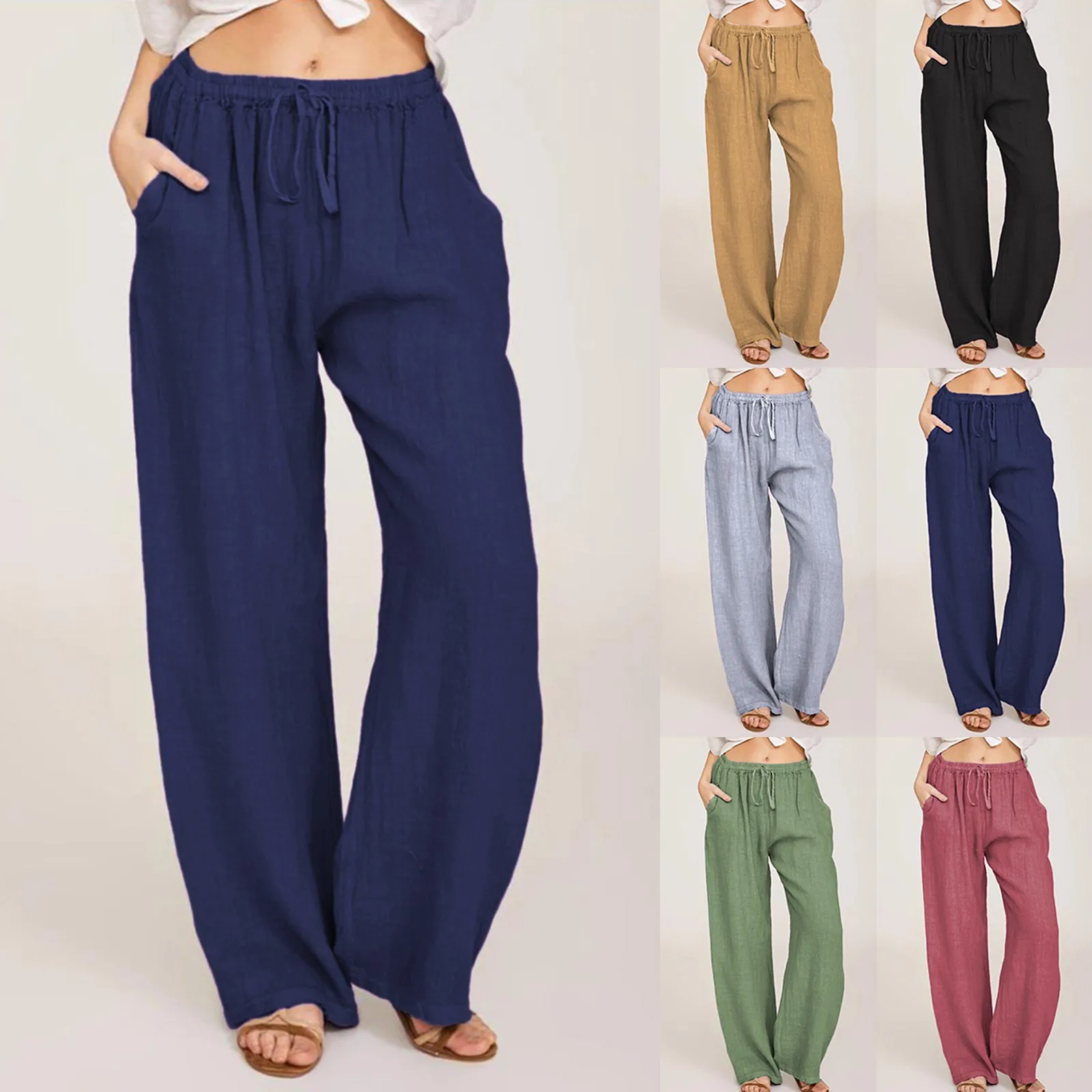 

Women Cotton Linen Pants Fashion Solid Color Elastic Waist Loose Straight Pants Female Ankle-length Trousers Summer Casual Pants