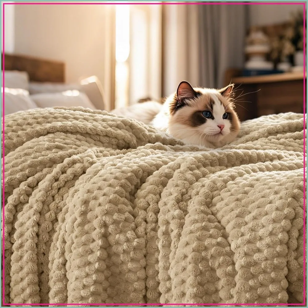 Ultra Soft Flannel Fleece Blanket Queen Size, 3D Jacquard, No Shedding, 340GSM, Cozy for Bedroom, 90x90, Khaki