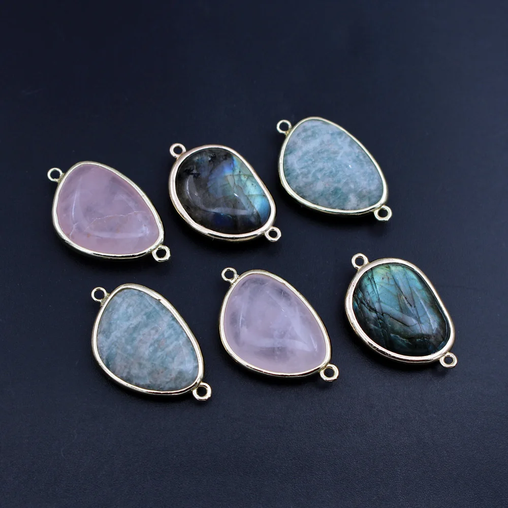 6pcs DIY Findings Faceted Natural Stone Freeform Shape Pendant Charms Labradorite Tiger eye stone Double Loops Linker Connectors