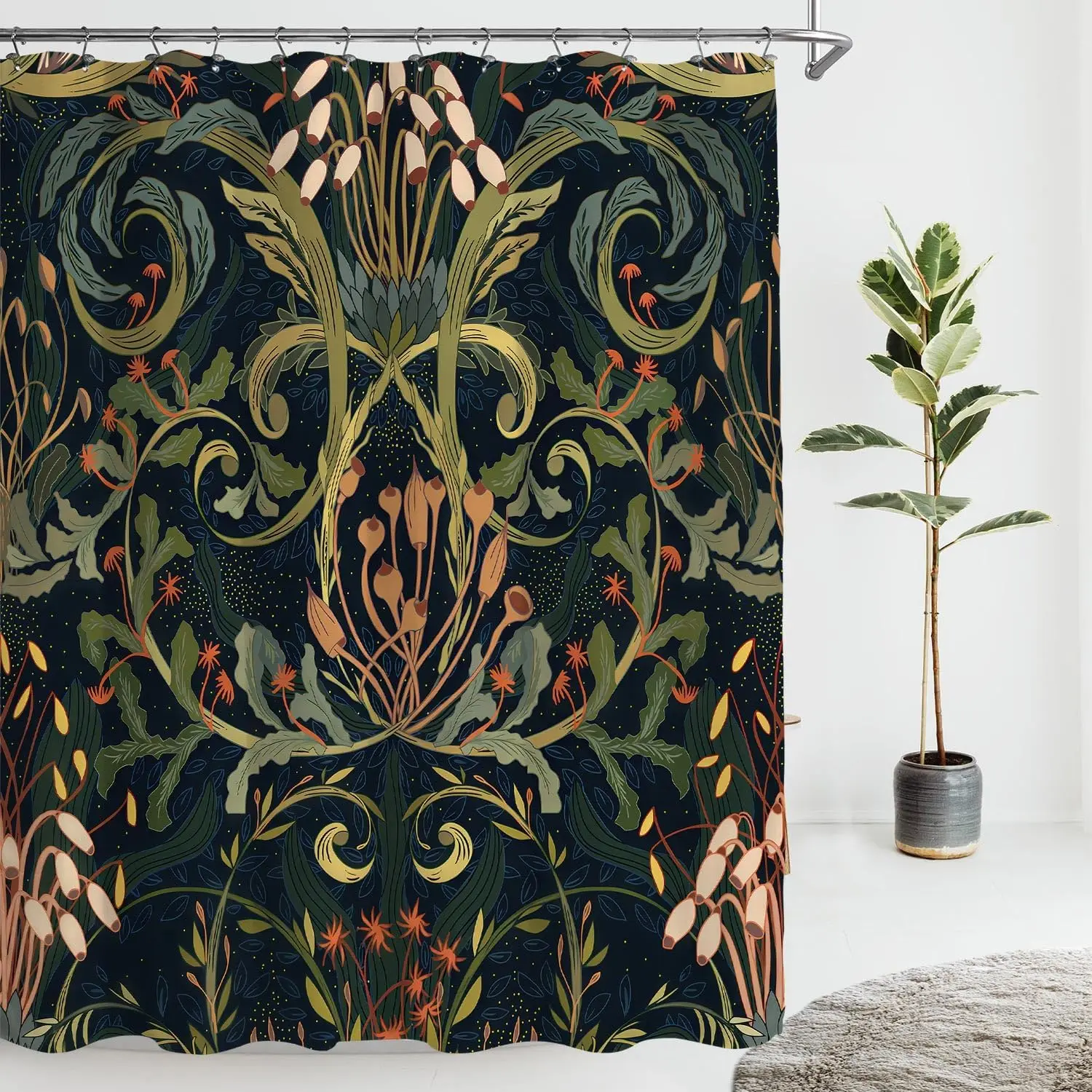 Vintage Black and Green Floral Shower Curtain Dark Bontanical Moss Bathroom Curtains Mid Century Bathroom Decor Waterproof