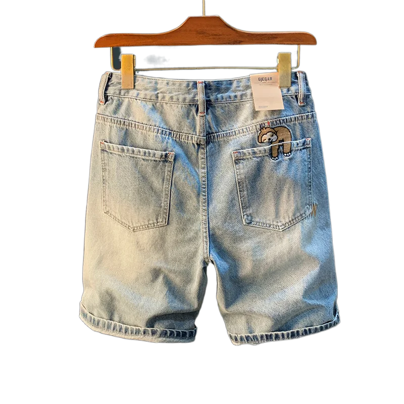 2024new summer casual shorts men's plus size light color fifth jeans trendy embroidery high-end straight short pants