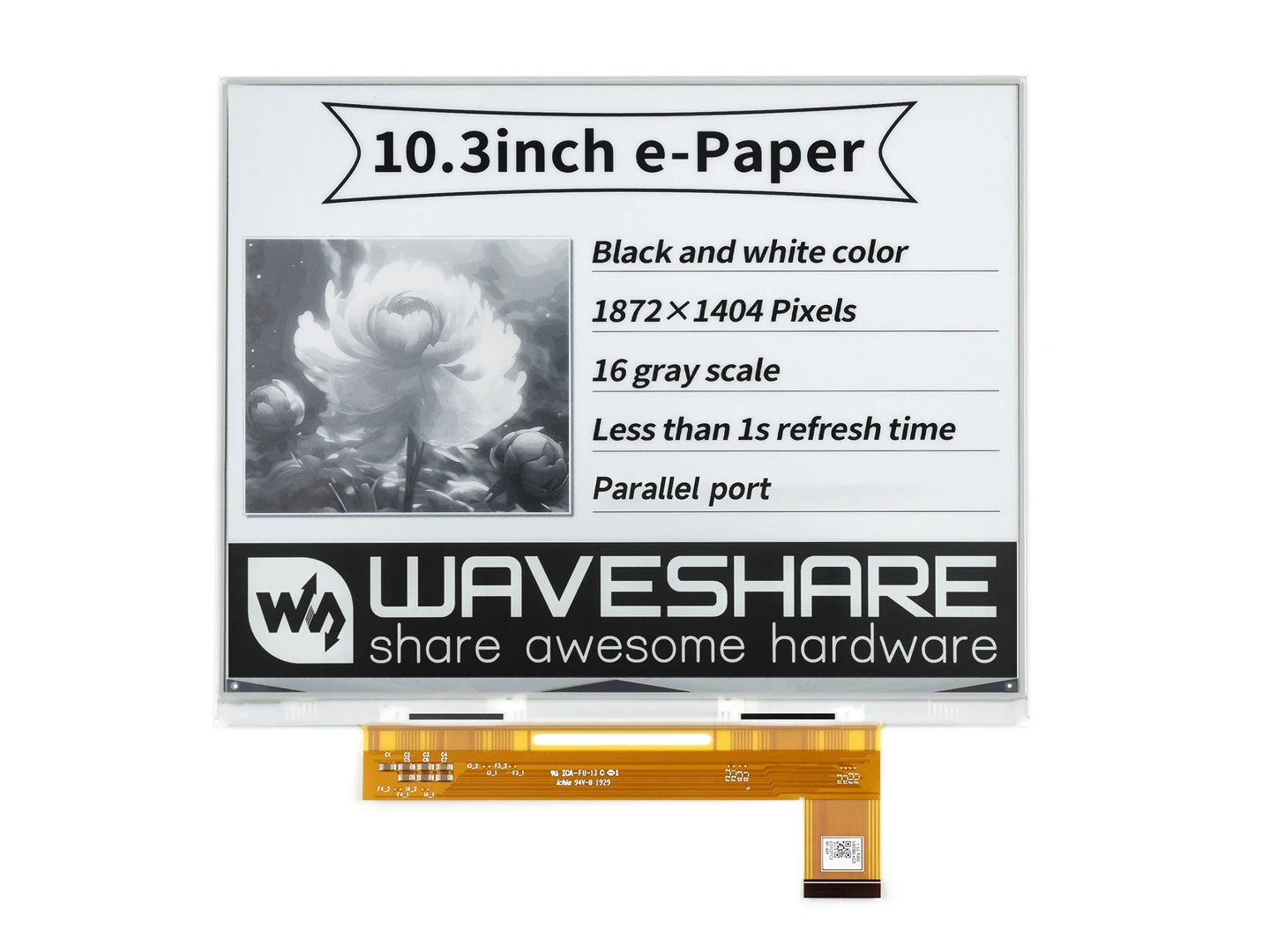 Waveshare 10.3inch e-Paper e-Ink Raw Display, 1872*1404, Black / White, 16 Grey Scales, Parallel Port, without PCB