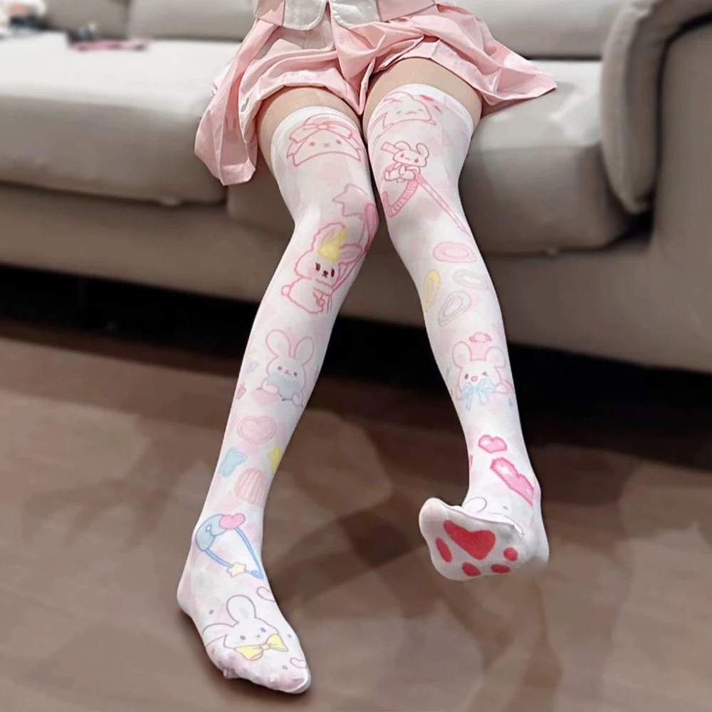 

Pink cartoon rabbit ladies thigh stockings fashion Kawaii cute plaid knee stockings Lolita JK stockings cosplay