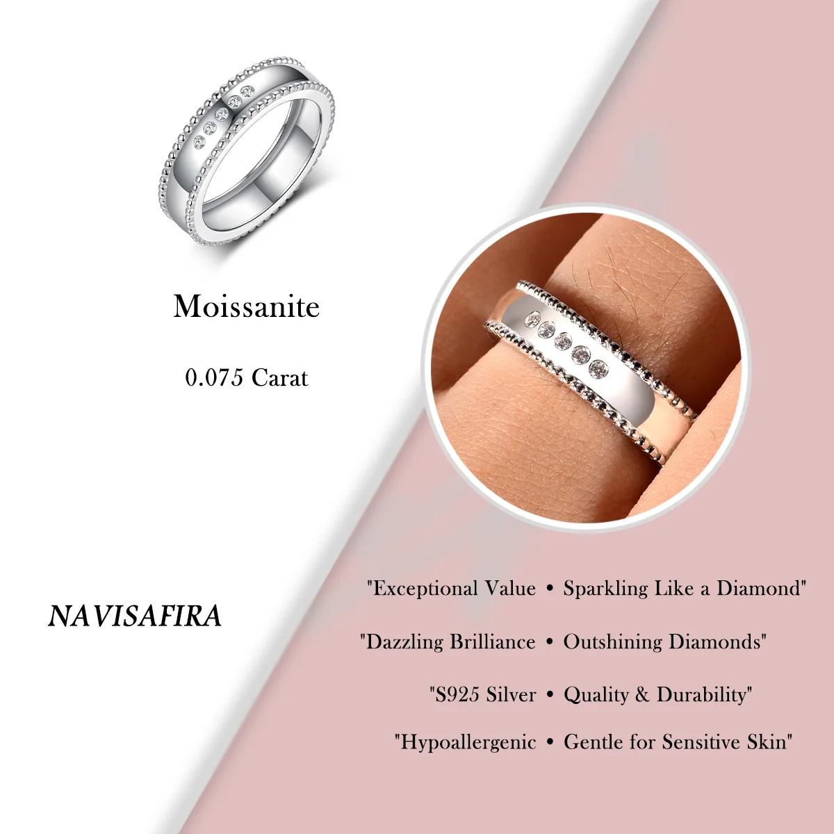 0.075Ct S925 Moissanite Multi-Layer Polished Ring with Pearl Edge, Elegant Minimalist Design