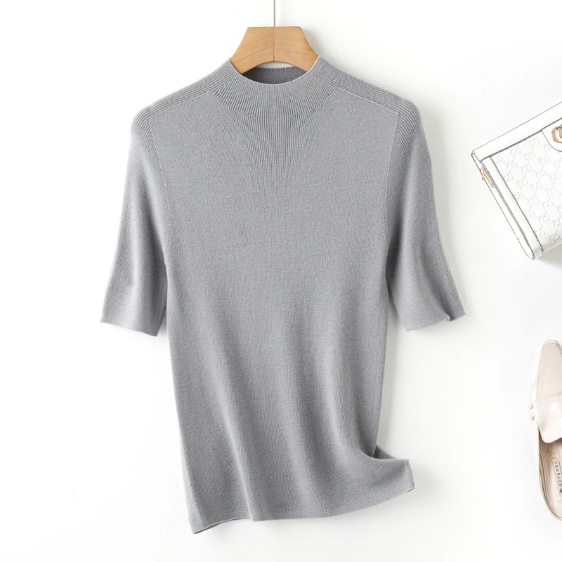 

Высококачественный свитер из чистой шерсти с короткими рукавами, женский однотонный узкий пуловер, нижняя рубашка, женская одежда 2025 г.