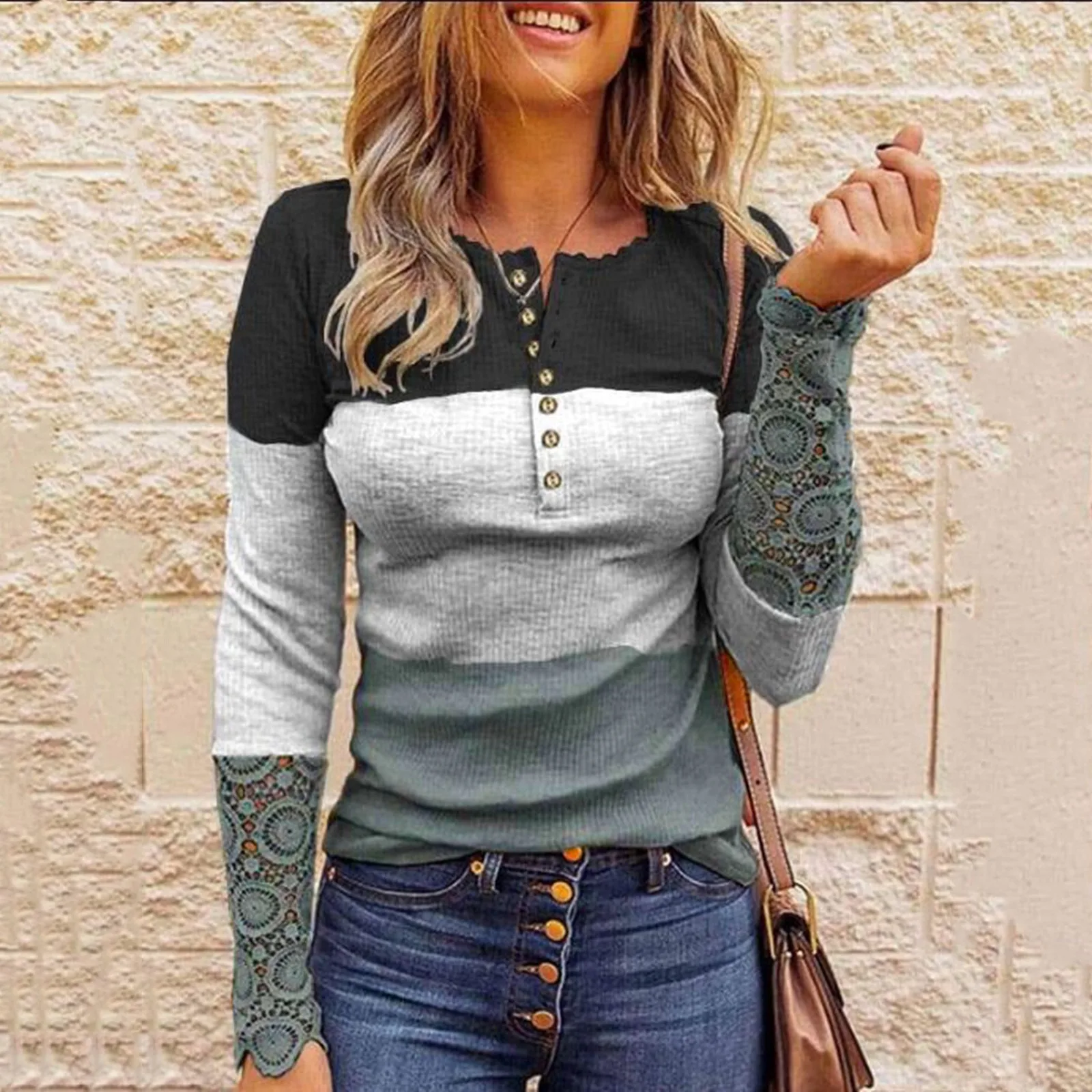 Top a maniche lunghe sfumato Top da donna Sexy in pizzo scava fuori t-shirt con scollo a V camicetta Casual Color Block Button Down camicie Henley