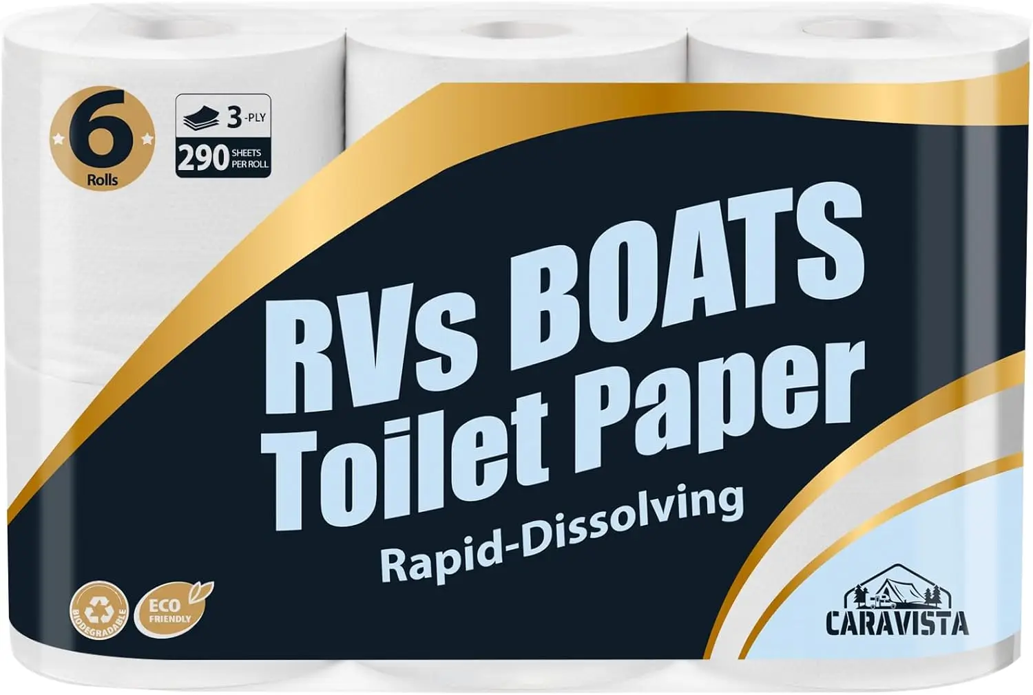 

RV Camping Toilet Paper 6 Rolls Rapid-Dissolve Marine Septic Safe Tissue Biodegradable 3-Ply 290 Sheets for Travel and Camper