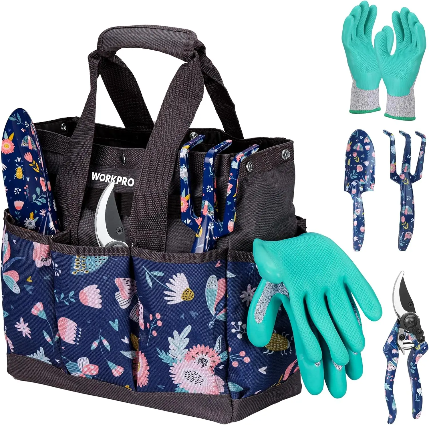

Набор из 5 прочных алюминиевых садовых инструментов с сумкой для хранения, ручные инструменты для садоводства, синий дизайн с насекомыми и цветами