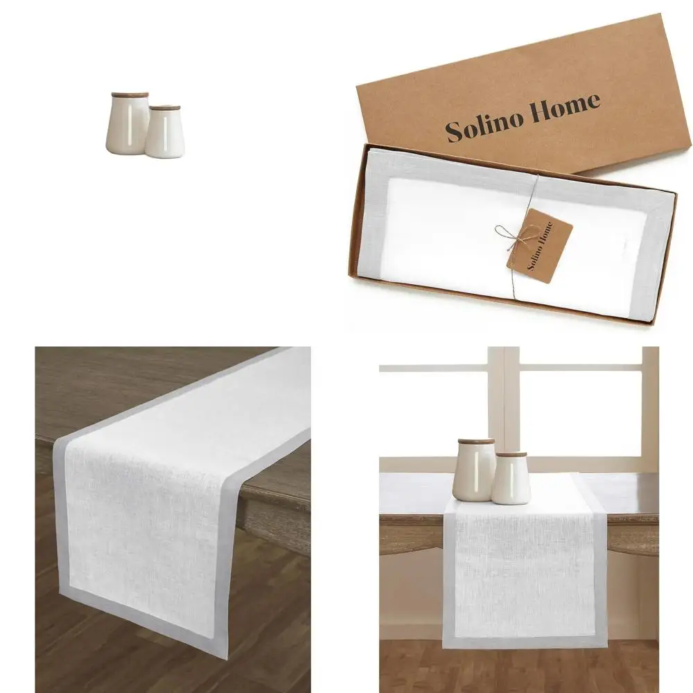 

Pure Linen 14 x 72 Table Runner in Soft Grey and White for Fall, Autumn, Thanksgiving, and Christmas - Classic Style