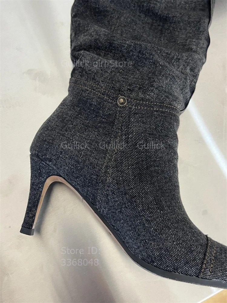 Stiletto Thin High Heel Sexy Pointy Toe Pleated Slouchy Denim Grey Knee High Boots Slip On 2026 Winter Women Dress Shoes view 4