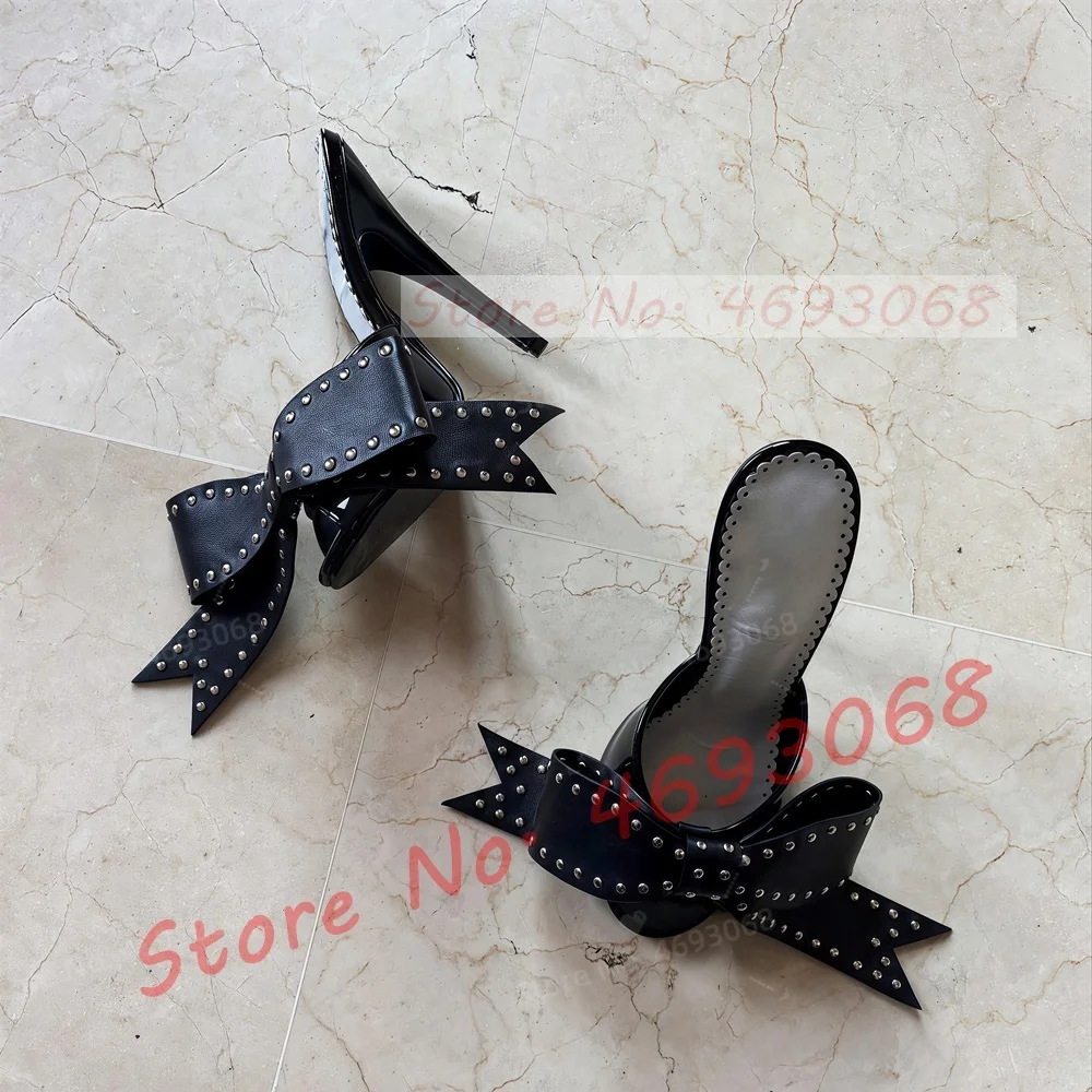 

Черные женские мюли на высоком каблуке с большим бантом, элегантные кожаные туфли с заклепками, модные вечерние туфли с открытым носком