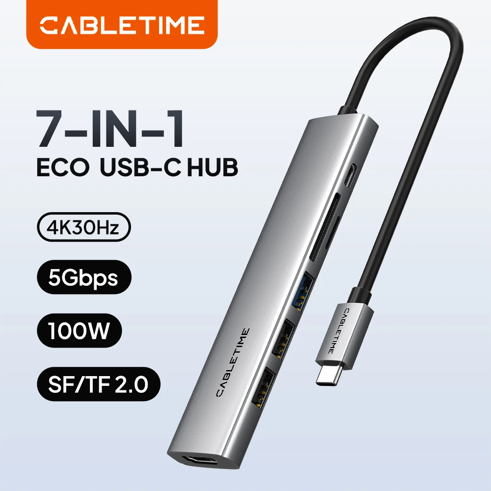 

CABLETIME 7-in-1 Type C USB Hub Adapter 4K HDMI SD/TF Card Reader PD Fast Charge for MacBook Pro/Air USB-C Splitter