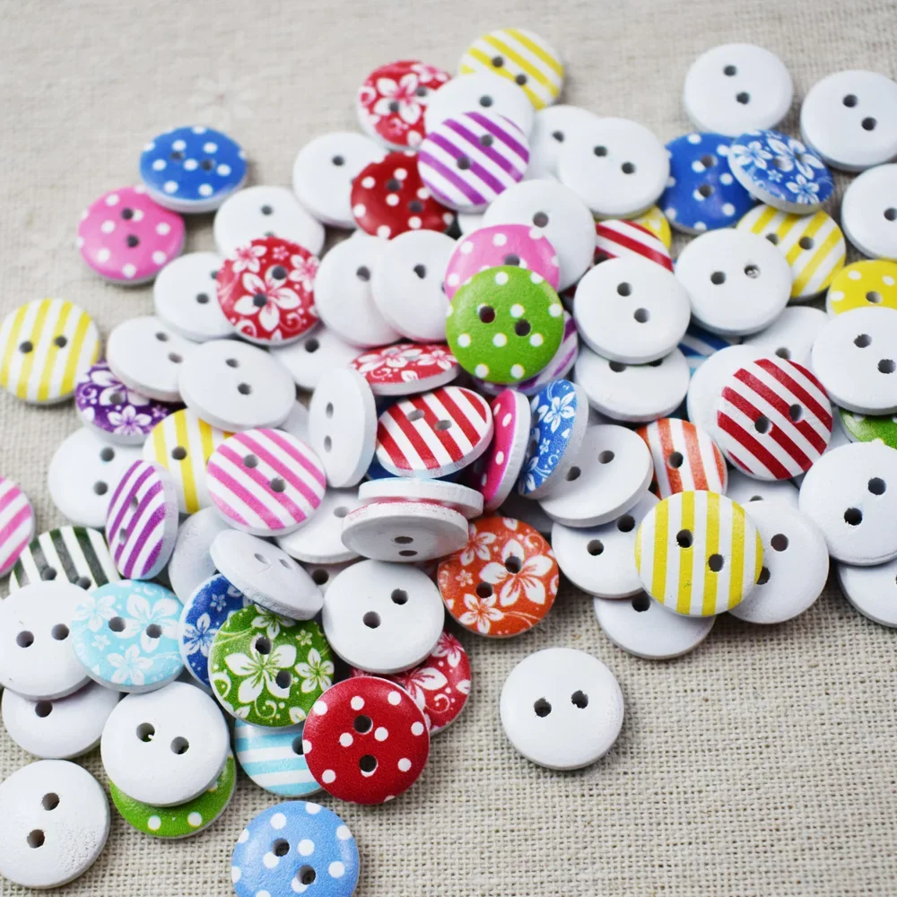 50PCS Flower Round Wood Button Handmade Round Wooden Buttons with 2 Holes 15MM for Sewing Craft Accessories