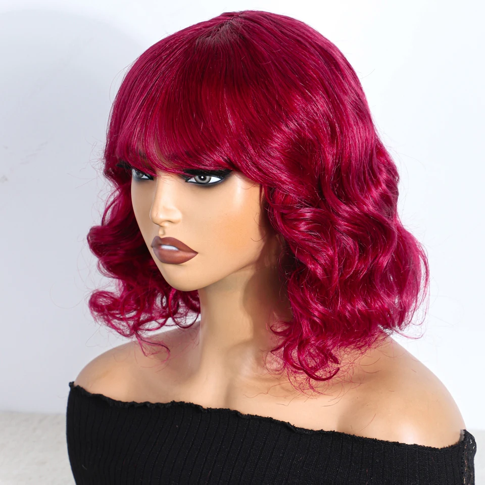 Lekker vermelho curto onda profunda encaracolado bob 100% perucas de cabelo humano com franja para mulheres cabelo remy brasileiro colorido 12 "perucas cosplay