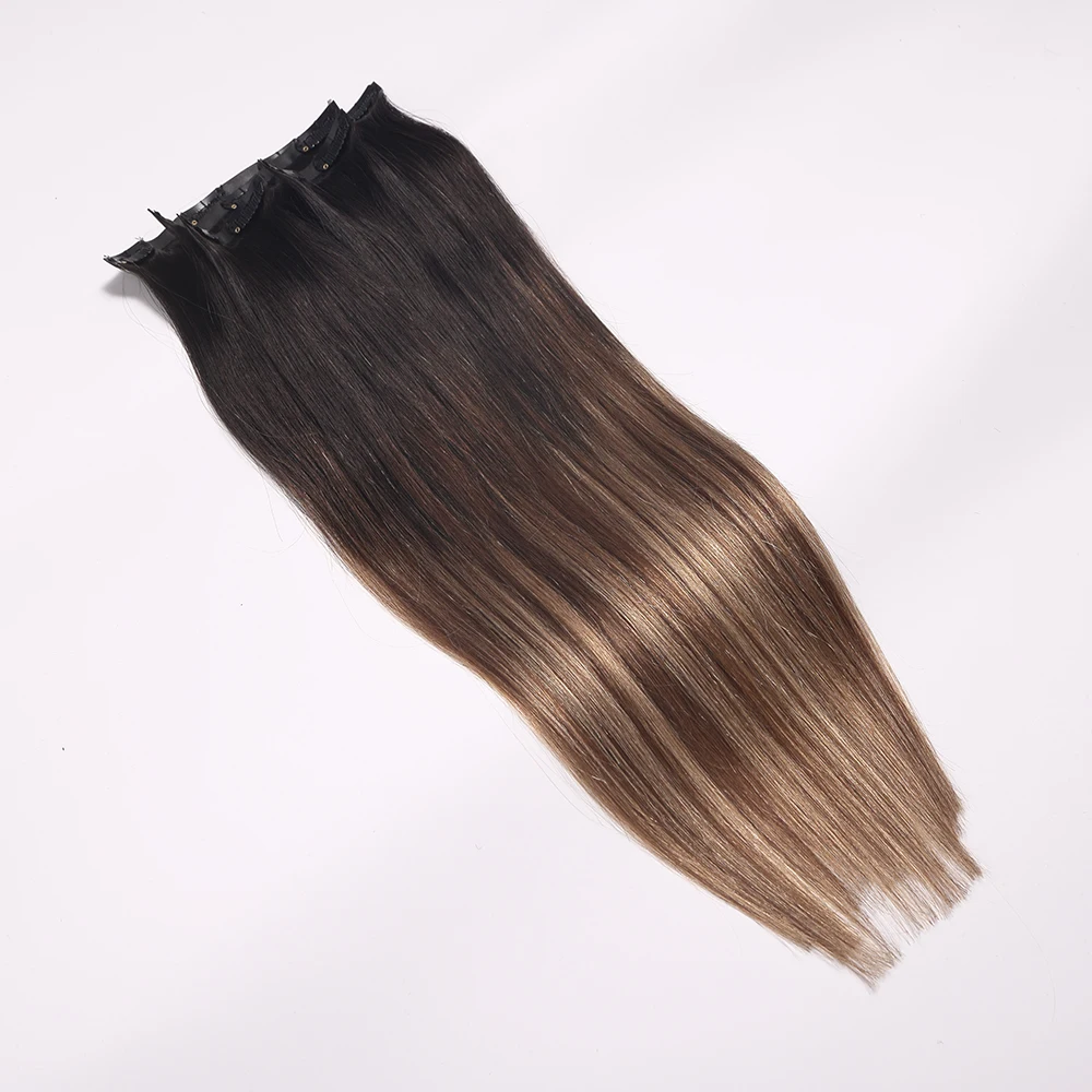 2024 Wholesale Invisible PU Clip In Hair Extension Russian Human Hair Double Drawn Seamless Pu Skin Weft Hair Extensions Clip In