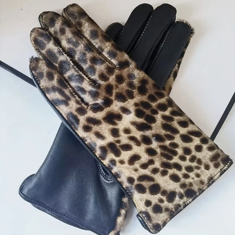 Women Real Leather Leopard Gloves Suede Wrist Short Genuine Sheepskin Driving Warm Winter Glove