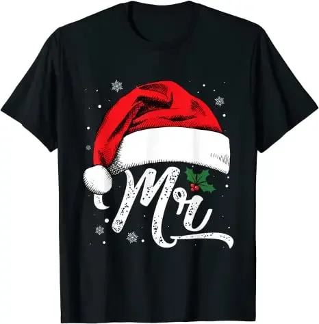 Mrs and Mr Santa Hat Christmas Couples Matching Pajamas Xmas T-Shirt Graphic Tee Tops mens designer clothes t shirt men harajuku